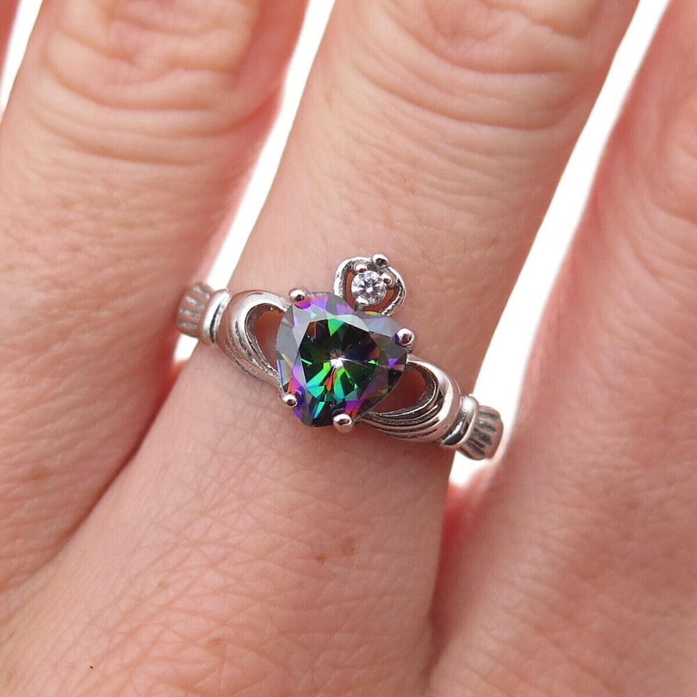 925 Sterling Silver Real Mystic Quartz & C Z Irish Claddagh Ring Size 7.75